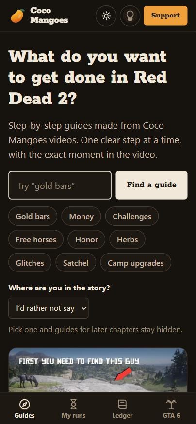 Coco Mangoes Guides home screen asking 'What do you want to get done in Red Dead 2?' with a search box and topics like gold bars, money and challenges